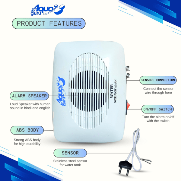 Aqua Guru® Water Tank Overflow Alarm with 15 Meter Wire, Sensor and 2 AA Battery Included, Human Voice in Hindi and English - Image 2