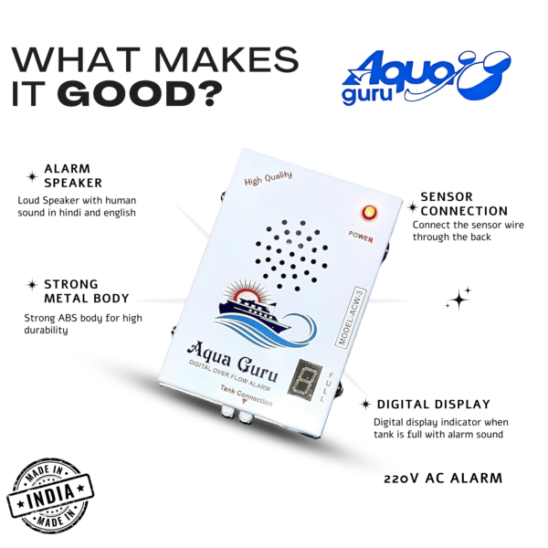 Aqua Guru® Metal Body Water Tank Alarm with 15 Meter 2 Core Copper Wire & Sensors Included | 220 Volt. AC Supply - Image 2