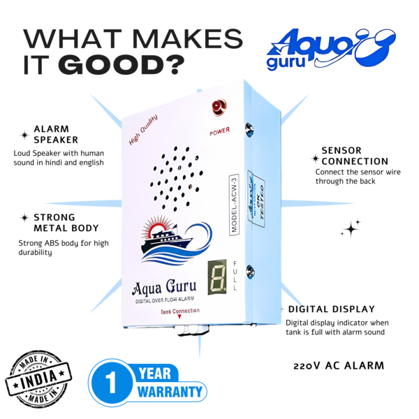 Aqua Guru® Metal Body Water Tank Alarm with 15 Meter 2 Core Copper Wire & Sensors Included | 220 Volt. AC Supply - Image 4